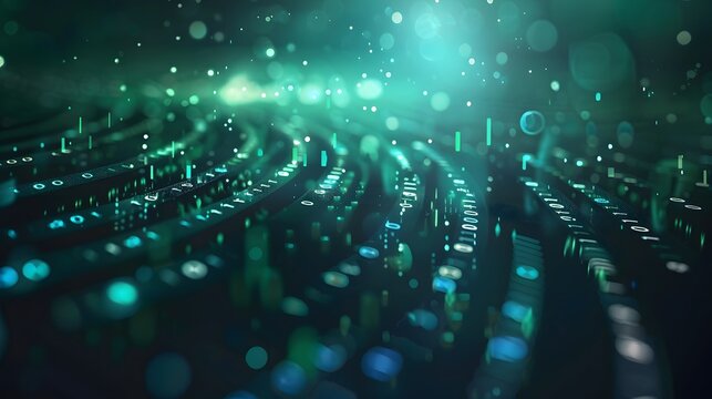Binary code data streaming on a dark green abstract background, representing the concept of technology and digital data flow.