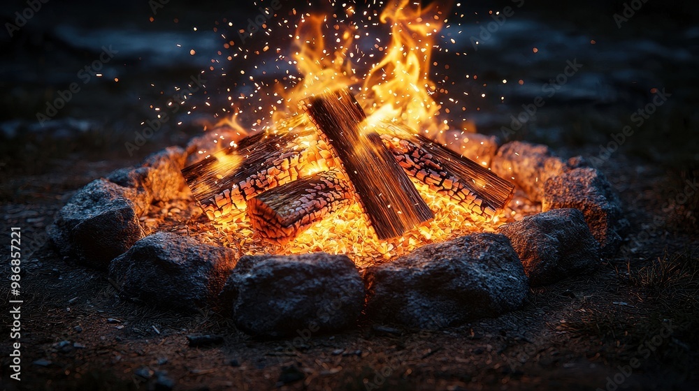 Wall mural Campfire Burning with Sparks Flying at Night