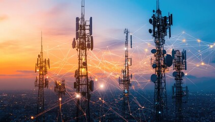 City View with Communication Towers and Glowing Lines