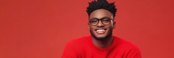 Happy young Black man in red sweater posing confidently on a red background. He is smiling and looking at the camera with a positive expression. His confidence and smile convey joy, success, and optim