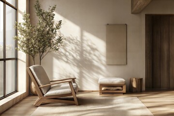 Photo Home interior mock up, cozy modern room with natural wooden furniture, 3d render