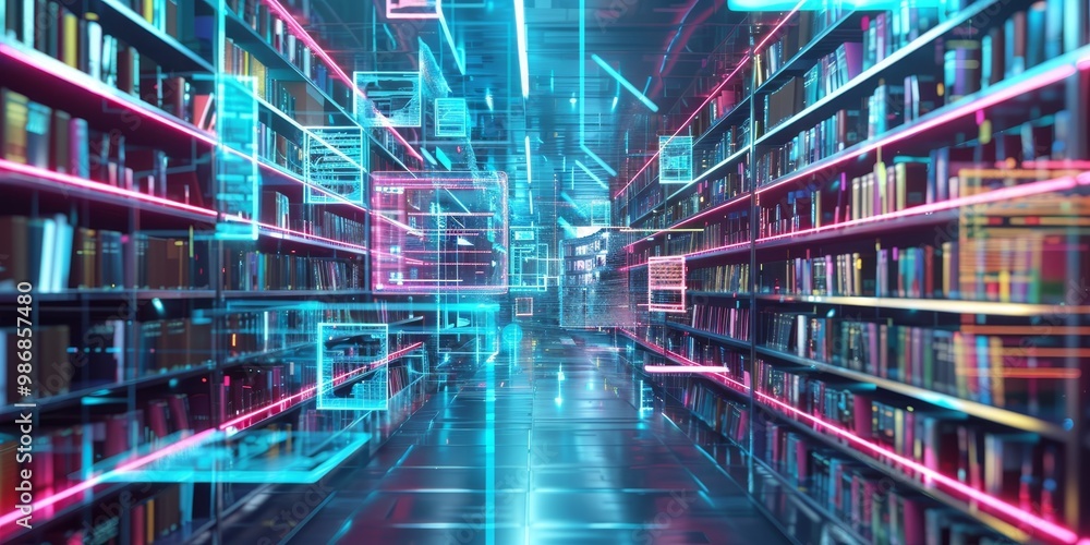 Poster futuristic digital library with animated book icons and interactive features, set in a sleek, tech-i