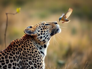 Naklejka premium Amazing high resolution photos of Altai leopard with head tilted, watching bird. Wildlife