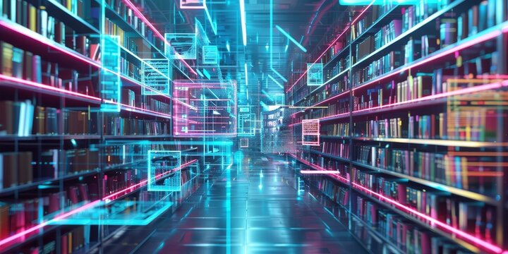 Futuristic digital library with animated book icons and interactive features, set in a sleek, tech-inspired space with vibrant colors and dynamic visual effects