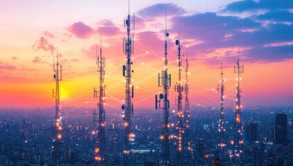 City View with Communication Towers and Glowing Lines