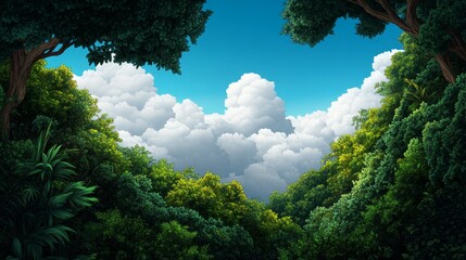 Obraz premium Lush Greenery and Towering Trees - A Peek into Paradise, a captivating scene of vibrant foliage, towering trees, and a breathtaking view of fluffy clouds against a clear blue sky, symbolizing peace, t