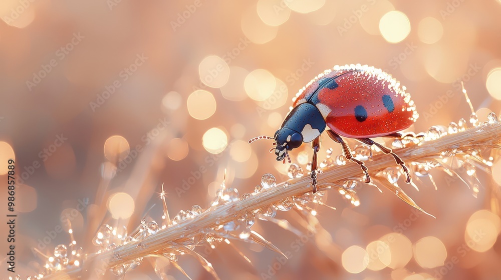 Poster ladybug on dewy branch with bokeh background