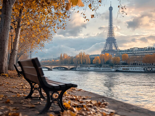 A bench is situated next to a river in front of the Eiffel Tower