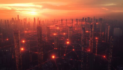 Fototapeta premium City View with Communication Towers and Glowing Lines