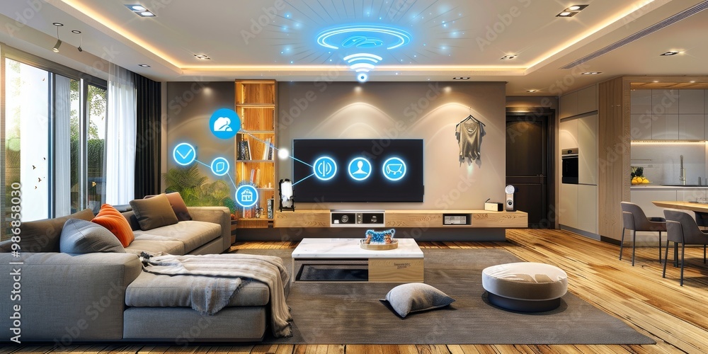 Poster a smart home entertainment area with interconnected devices such as a smart tv, automated lighting, 