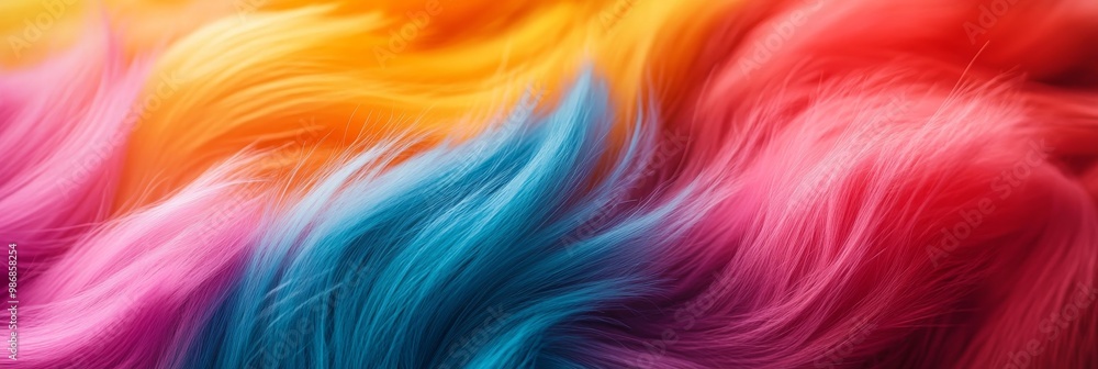Poster multicolored fur fibers arranged in swirling patterns, a vibrant and abstract texture, representing 