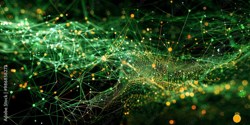 Poster sophisticated graphical representation of a complex web of information, with overlapping data stream
