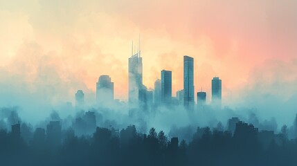 Amidst the gentle morning haze, towering silhouettes break through the fog, creating a striking skyline against a serene pastel backdrop.