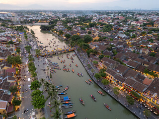 Aerial view of Hoi An old town or Hoian ancient town in sunset. Royalty high-quality free stock...