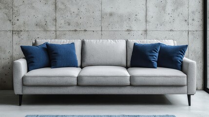 Modern Grey Sofa with Blue Pillows in Minimalist Interior
