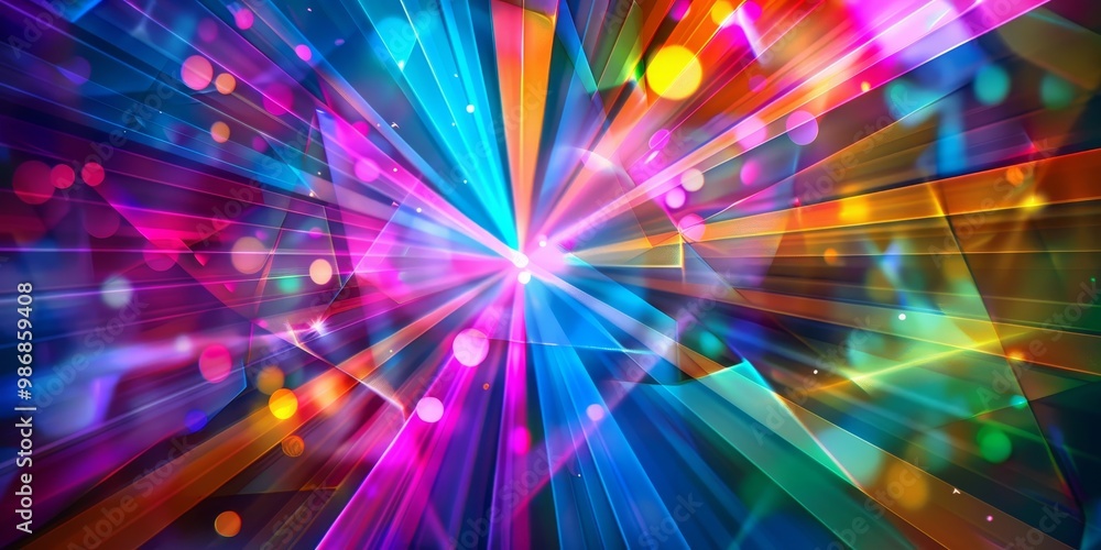 Poster bright and colorful laser light show with intersecting beams of light in various colors, creating en