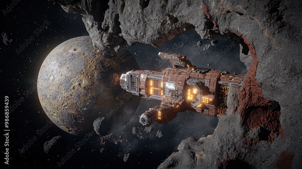 Poster spaceship flying through asteroid field d render