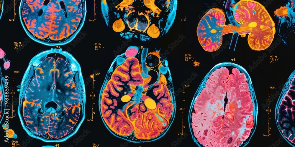 Poster Bright and detailed PET scan image displaying vibrant colors to indicate different activity levels in the human body, ideal for research and medical education