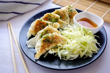Fried dumplings, Deep Fried Gyoza in black plate on white background