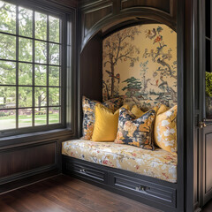 Japanese Style Villa interior room with a sofa and a round wall art