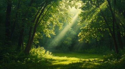 Fototapeta premium Sunbeams pierce through the lush canopy of a tranquil forest, illuminating a path leading to a peaceful meadow. The image evokes a sense of tranquility, renewal, and the beauty of nature's embrace.