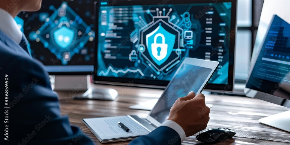 Fototapete Image of a business professional reviewing security policy documents with computer screens displaying cybersecurity alerts and protection icons in a high-tech office setting