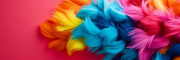 Fototapeta premium Swirling Multicolored Fur Fibers on Pink Background, abstract, colorful, vibrant, textured, creative