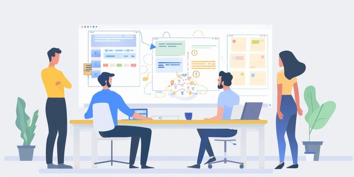 Team of UX designers conducting a brainstorming session, with collaborative tools, user journey maps, and design feedback visible, showcasing a creative and integrated approach