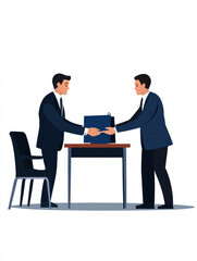 Fototapeta premium Two businessmen meet at a table, exchanging documents, symbolizing negotiation, communication, language barrier, translation services, and professional collaboration.