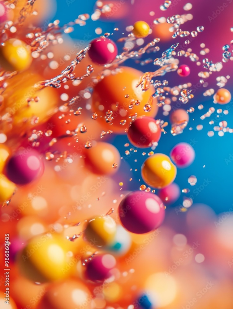 Poster vibrant, colorful spheres explode in a water splash, creating a dynamic and abstract background. thi