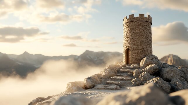 Magical wizard s tower surrounded by enchanted mist, fantasy scene, 3D illustration