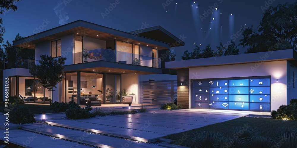 Poster a smart home setup featuring interconnected outdoor security cameras, smart lighting, and automated 