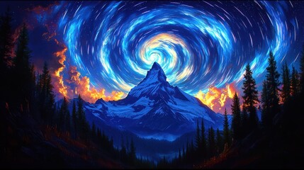 Fototapeta premium Mystical Mountain Night Sky with Star Trails and Aurora Borealis