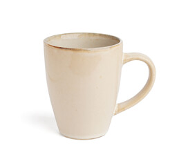 Stylish ceramic cup on white background