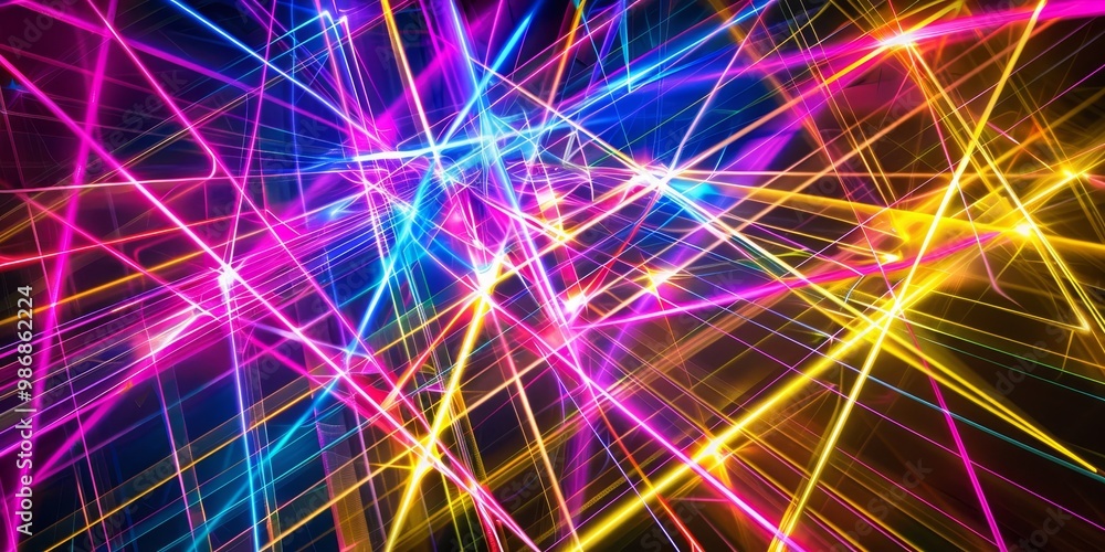 Poster bright and colorful laser light show with intersecting beams of light in various colors, creating en