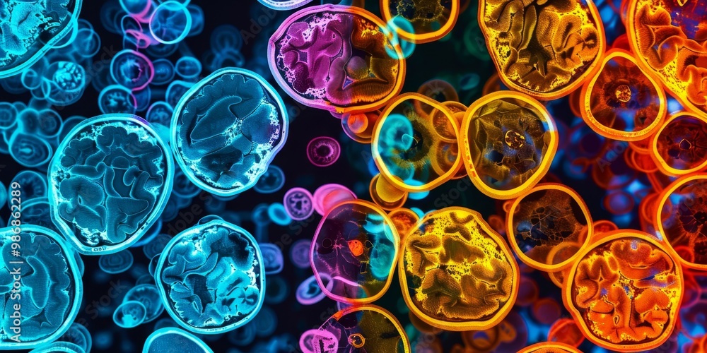 Poster Colorful PET scan with vivid heatmaps illustrating various levels of physiological activity, perfect for medical presentations and educational purposes