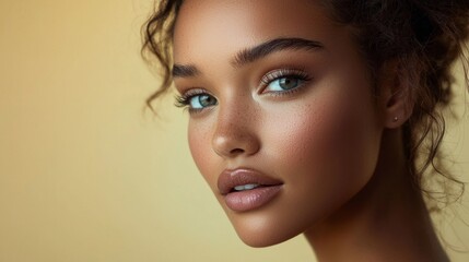 Fototapeta premium A professional beauty shot with a model in natural makeup, highlighting soft skin tones and high-quality post-production