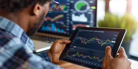 Fototapeta premium A financial professional analyzing portfolio data with charts and graphs on a tablet, showing detailed evaluation and strategic insights into asset performance and management