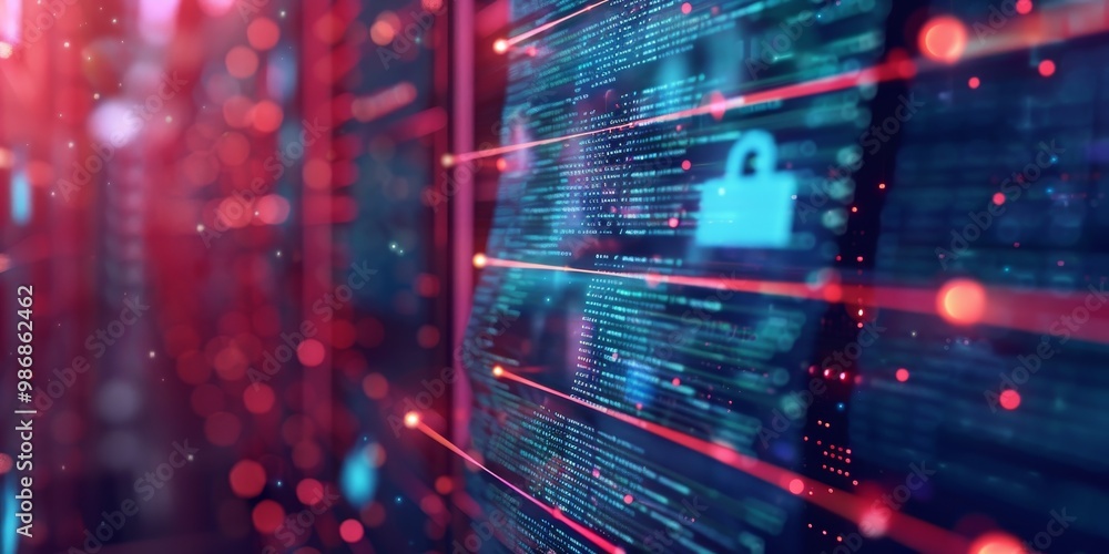 Fototapete Close-up of a security policy document with digital protection icons and encryption symbols, set against a backdrop of interconnected servers and data protection measures