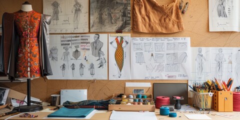 Sophisticated fashion designer studio showcasing a well-organized workspace with detailed sketches, fabric samples, and a creative atmosphere, embodying fashion artistry