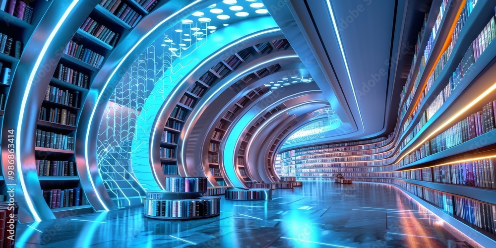 Poster futuristic virtual library with animated digital books and interactive features, set in a modern, hi