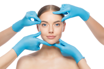 Portrait of young woman touched by doctors in blue gloves, preparing her for plastic surgery procedures