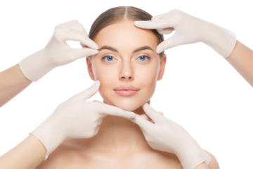 Portrait of young woman touched by doctors in gloves, preparing for plastic surgery