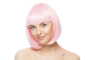 Young beautiful smiling woman with pink hair, standing with naked shoulders and neck