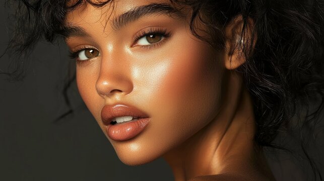 High-end beauty shoot featuring a model with glowing skin and sleek makeup, using precision lighting and high-definition retouching