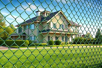 A house with a green fence in front of it