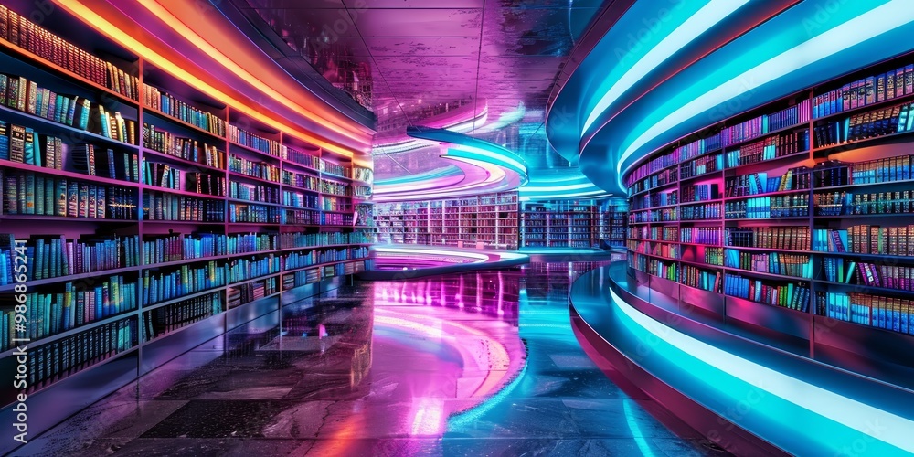 Poster interactive digital library with a diverse selection of e-books, displayed in a sleek, futuristic 3d