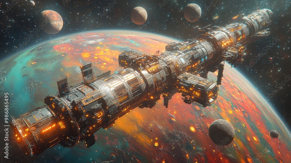 Poster futuristic spaceship orbiting a colorful planet with moons