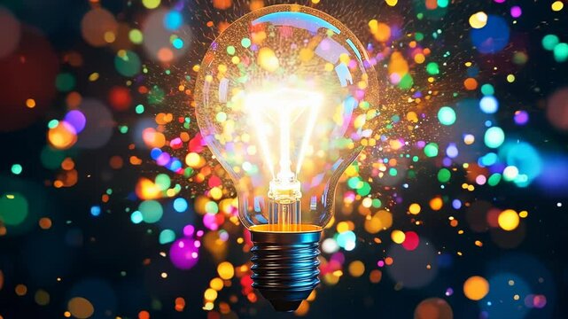 Vibrant explosion of colorful particles emanating from glowing lightbulb. Dark background with swirling bokeh effects. Dynamic, energetic scene showcasing creativity and innovation. 