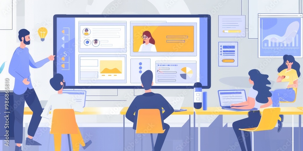 Poster UX designer presenting design ideas to stakeholders using a projector, with wireframes, user personas, and feedback notes on display, reflecting a professional presentation setting